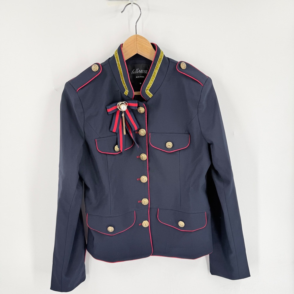 Belle Muse Maison Military Jacket Navy Blue Medium Gold Trim Crest Buttons Royal